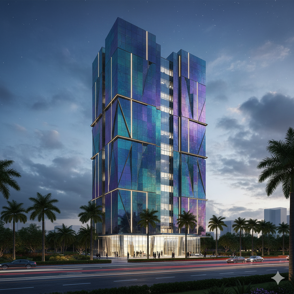 A modern high-rise building at dusk, featuring a stunning facade of iridescent titanium-coated panels in shades of blue and purple, with vertical warm lighting accents, standing alongside a road with car light trails and palm trees.